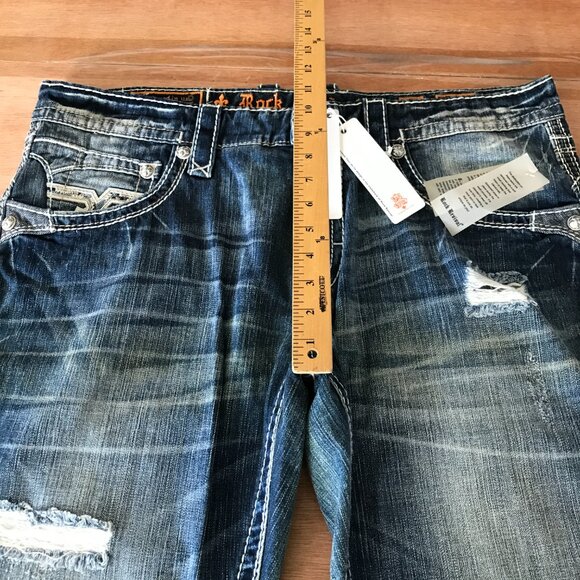 Rock Revival Suhul Straight Jeans Men 38x28 Blue Mid Rise Distressed Embroidered - Picture 10 of 16